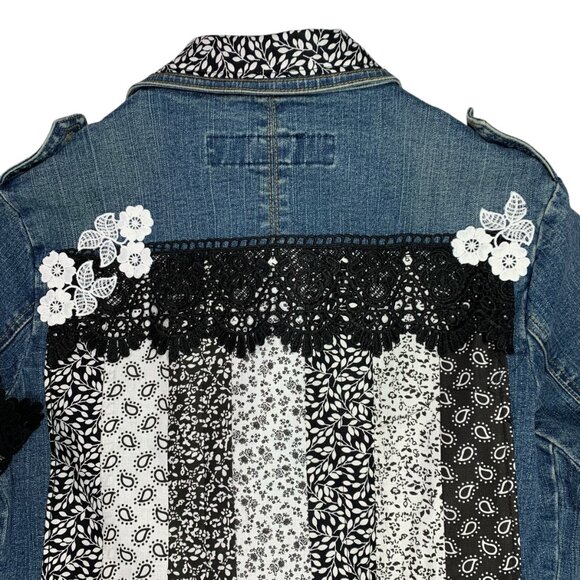 Western Glam Denim Jacket Blazer Black Lace Flower Appliqué Rockstar Boho Chic - Picture 9 of 13